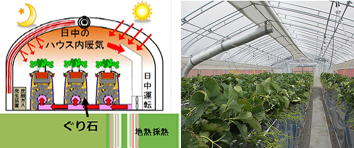 地中熱、太陽熱蓄熱の省エネ農業システム
